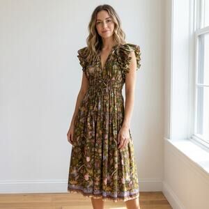 Ulla Johnson Arina Floral V-neck Short Sleeve Cotton Midi Maxi Dress, size 8